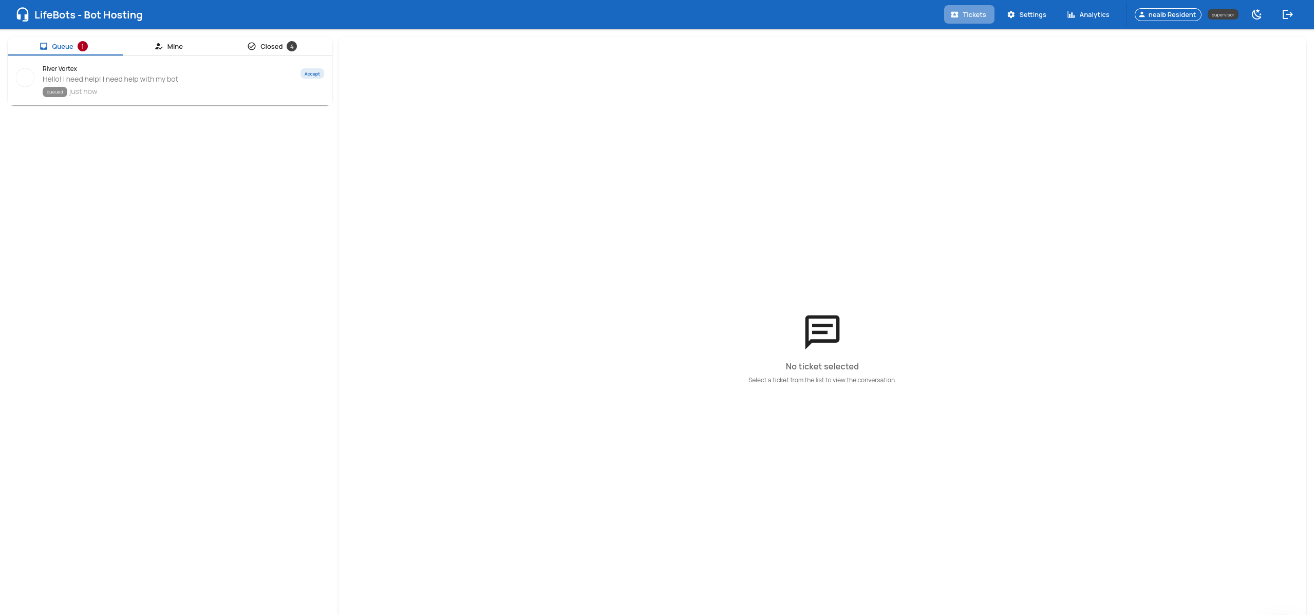 Agent Portal — ticket queue with a new incoming ticket